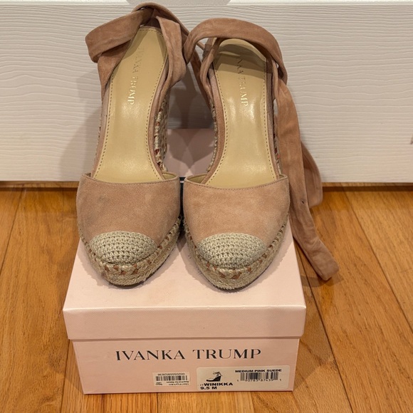 Ivanka Trump Shoes - Ivanka Trump Pink and Cream Suede Espadrille Wedges